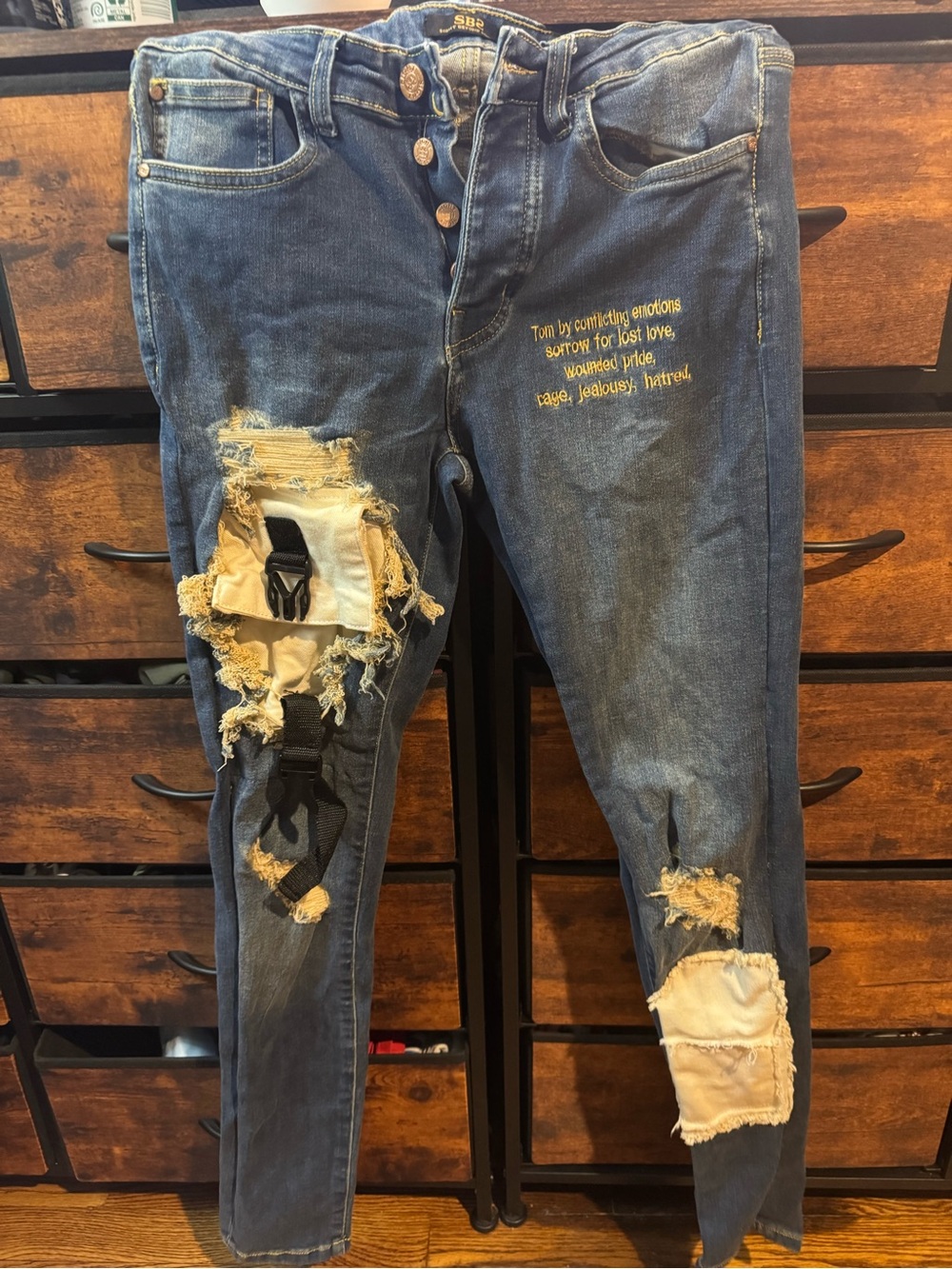 Distressed Blue Men's Jeans with Patch & Buckle SB2 Denim Distressed Punk